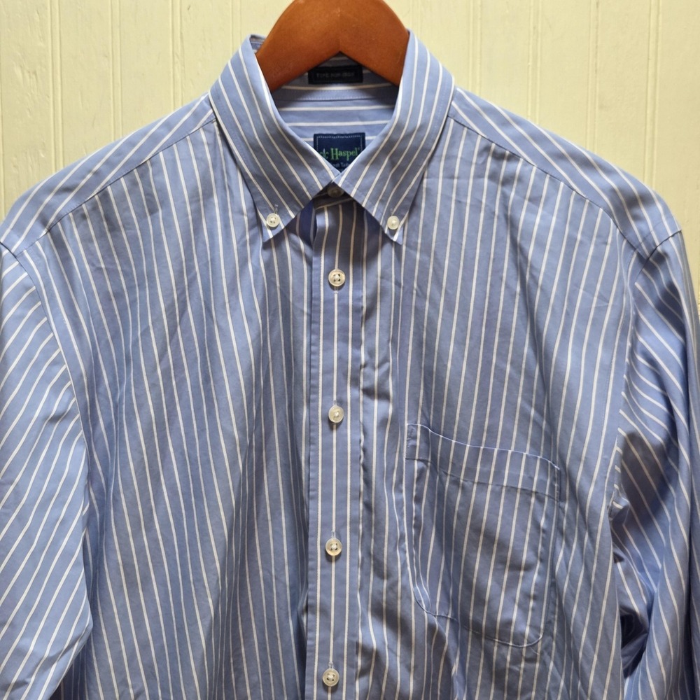Haspel Shirt Mens 15.5 32/33 Blue Stripe Classic Fit Non Iron Dress Long Sleeve